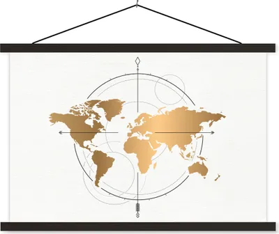 Produktbild von MuchoWow® Textilposter Weltkarte - Gold - Kompass - Kinder - Jungen - Mädchen 150x100 cm mit schwarzem Rahmen - Schlafzimmer