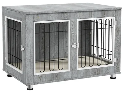 Image de Cage pour chien PawHut, meuble avec 2 portes, pour chiens de grande taille jusqu'à 25 kg, dimensions : 90 x 58 x 65 cm, couleur : gris