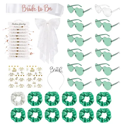 Produktbild von JGA Accessoires Set - 41-teilig mit Sonnenbrillen Haargummis Armbändern Schärpe Schleier Haarreif und Aufklebern - 12 Herz Sonnenbrillen 12 Bride Haargummis 12 Bride Armbänder 1 Bride to Be Schärpe 1 Schleier 1 Haarreif 2 Aufkleber-Bögen