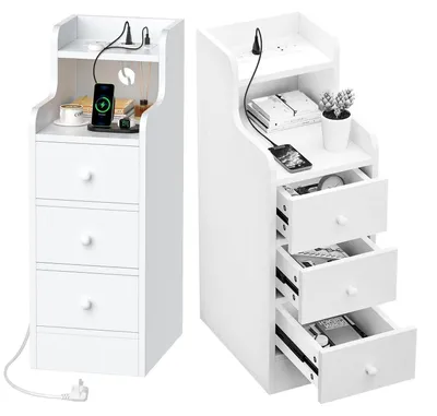 Produktbild von Nachttisch Schmal mit Ladefunktion Weiß 25x45x70cm 2 Steckdosen 2 USB 3 Schubladen