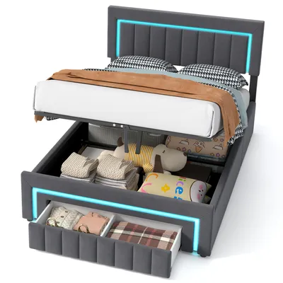 Produktbild von okwish Polsterbett 140×200 Jugendbett mit Schubladen, Rollen und LED, Doppelbett mit Stauraum-Bettkasten,Boxspringbett Grau,ohne Matratze