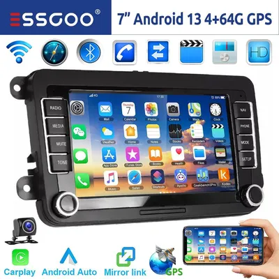 Obrázok produktu pre Android autorádio s operačným systémom 13, 7-palcový GPS navigácia s podporou CarPlay a Android Auto, určené pre modely VW Golf, Passat, Touran, Tiguan, Polo, Seat, Škoda, s 4 GB RAM, 64 GB úložiskom, dotykovým displejom a Bluetooth