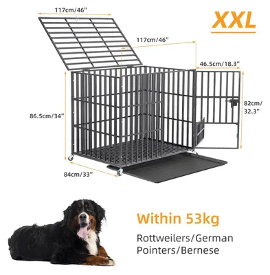 Image de Cage de transport pour chien en métal, robuste, sur roulettes, taille XXL, avec 3 portes verrouillables, 4 roulettes verrouillables, bac amovible, capacité jusqu'à 100 kg, dimensions : 95 x 57 x 81 cm, couleur : noir