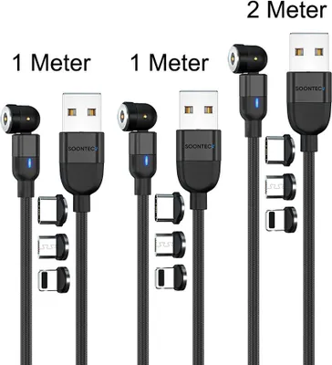 Produktbild von Magnet Ladekabel 3er Set (2 Meter+1 Meter+1 Meter) SOONTEC Magnetladekabel drehbar 360°&180° mit je 3 Stecker Micro USB/ USB-C/ Lightning 2,4 A Ladekabel (Schwarz)