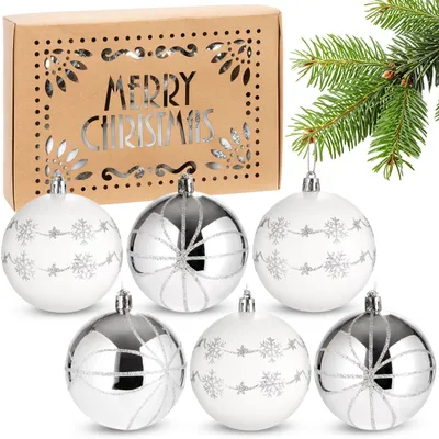 Produktbild von BRUBAKER 6er Set Weihnachtskugeln - 8 cm Christbaumkugeln Bruchsicher - Weihnachtsdeko Christbaumschmuck Baumkugeln - handbemalte, Weiß und Silber