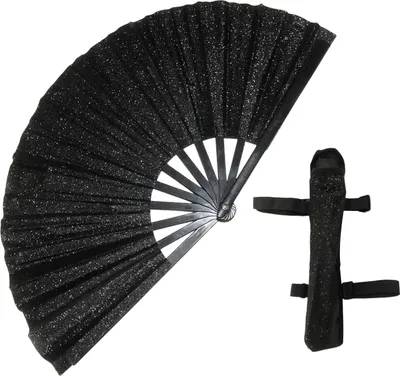 A black glitter fan and its carrying case are displayed against a white background.