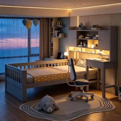 Produktbild von Merax Multifunktionales Kinderbett aus Holz 90x200cm mit Stauraum, Schreibtisch, Schubladen, LED-Beleuchtung, Steckdose und Sicherheitsgitter, Grau
