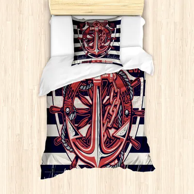 Produktbild von ABAKUHAUS Anker Bettbezug Set für Einzelbetten, Maritim Symbol Seemann Grunge, Milbensicher Allergiker geeignet mit Kissenbezug, Nachtblau Korallenrot und Beige