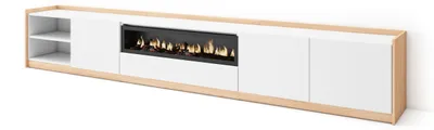Produktbild von TV-Schrank, Lowboard, 310x37x50cm, Für TV-Geräte bis zu 80", Elektrokamin., Weiß und Eiche Soft