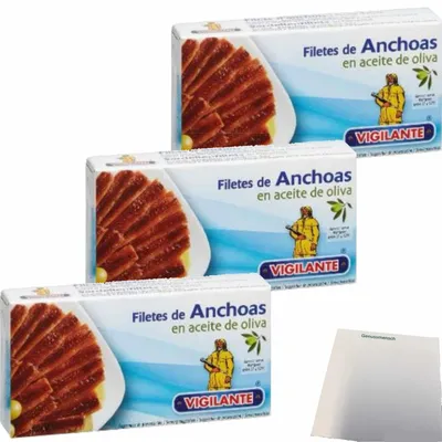 Produktbild von Vigilante "Sardellenfilet in Olivenöl" Anchoas en aceite de oliva (3x48g Dose) + usy Block
