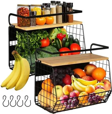 Produktbild von Azomor® Schwarzer magnetischer Küchenorganizer mit Obstkorb und Gewürzregal für den Kühlschrank