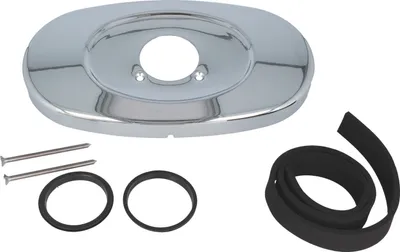 A chrome-plated escutcheon plate and associated hardware are laid out on a white background.