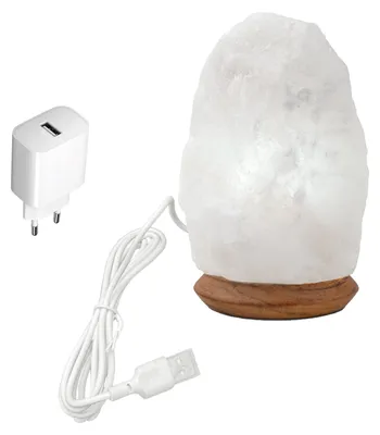 Produktbild von HAF Beleuchtete USB Salzlampe ROCK Weiß aus Kristallsalz – Handgefertigte Salzkristall LED Deko Lampe – Als Tischlampe für Büro & Schlafzimmer