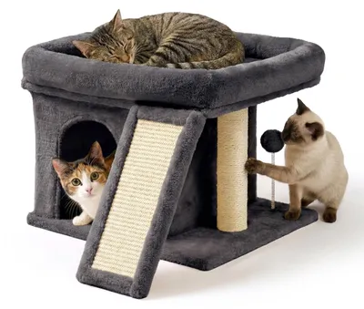 Image de Arbre à chat Relaxdays, avec cachette, griffoir et surface de repos, cachette pour chat rembourrée, dimensions (H x L x P) : 38,5 x 54 x 45 cm, sisal, gris foncé