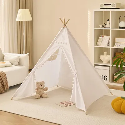 Produktbild von Kinder Tipi Zelt, Tipi Zelt für Kinder, Weiß Spielzelt Baumwolle Spielhaus, Kinderzelt Indoor mit Filzkugel, für Kinderzimmer Deko, 80 x 70 x 70 cm