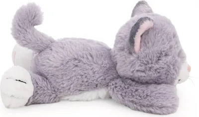 A plush cat toy lying on its side against a white background.