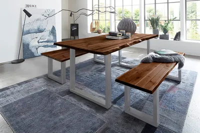 Produktbild von Essgruppe 180 cm Akazie nussbaumfarben U-Gestell silber mit 2 Bänken QUINN
