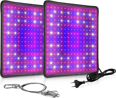 Two LED grow lights are shown on a white background, with a power cord and hanging accessories.