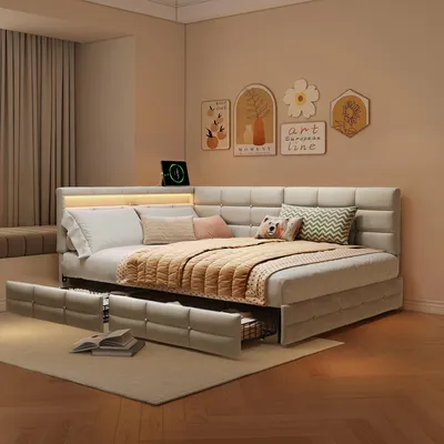Zdjęcie produktu dla Łóżko tapicerowane ProximaX 140x200 cm, kolor beżowy, z oświetleniem LED RGB i gniazdem USB/Type-C, sofa w kształcie litery L, łóżko podwójne z 2 szufladami do przechowywania, obicie z tkaniny lnianej