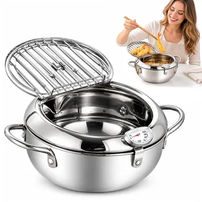 Produktbild von Tempura Frittiertopf 24 cm aus Edelstahl, Edelstahl-Kochtopf mit Thermometer und Abtropfgitter für Induktion, Gasherd und Elektroherd