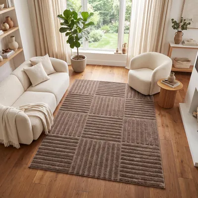 Immagine prodotto di Tappeto a pelo corto RELIEVO 3D, motivo a righe, color taupe, per soggiorno, 160 x 220 cm