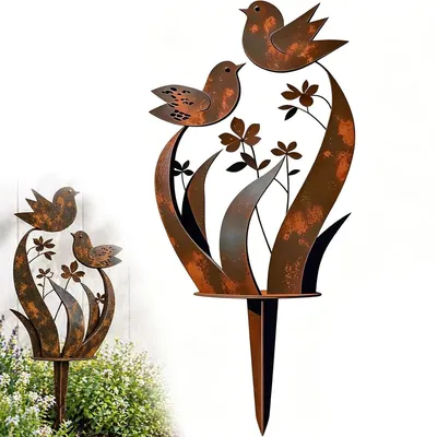 Produktbild von Gartenstecker Metall mit Vogel & Wildblumen, wetterfest Gartendeko für Blumen, Beete & Rasen, Outdoor Dekoration für Terrasse, Balkon & Geschenk