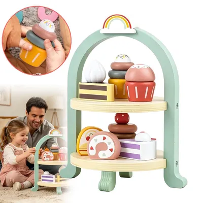Produktbild von Spielküche Kinderküche Spielküche Zubehör Holz Teeservice Kinder Teeset aus Holz Kinderspielzeug Tee Set mit Ständer Holz Kuchen für Kinder Geschenk