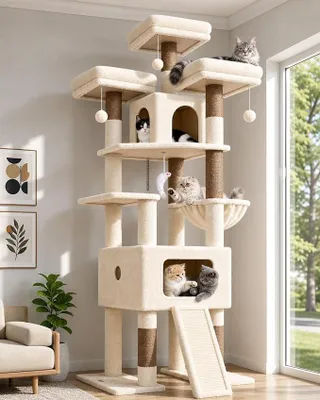 Obrázek produktu pro Velký kočičí strom XXL v béžové barvě, určený pro velké kočky, výška 192 cm, s extra velkým kočičím domkem (48*48*30 cm), 3 polstrovanými odpočívadly, košíkem, sisalovou škrabadlem a stabilní konstrukcí, vhodný pro 3-4 dospělé kočky (model F75, barva béžová)