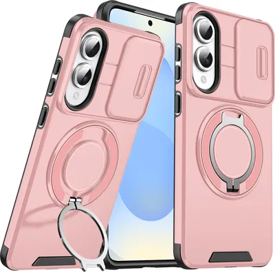 Obrázek produktu pro Dvouvrstvé pouzdro pro Samsung Galaxy S25 Edge, s posuvným krytem fotoaparátu a magnetickým kroužkovým stojánkem Růžový