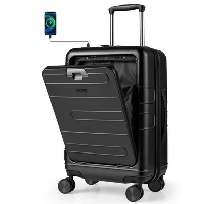 A black carry-on suitcase with its front panel open, revealing the interior and USB ports. A smartphone is connected to one of the USB ports, indicating charging functionality.