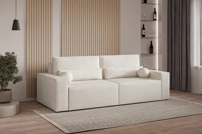 Produktbild von Sofa mit Schlaffunktion und Bettkasten, Polstersofa  aus Bouclé, Couch für Wohnzimmer, Sofagarnitur Wohnlandschaft mit BettfunktionSchlafsofa Denver mini - Weiß (Anthology 1)