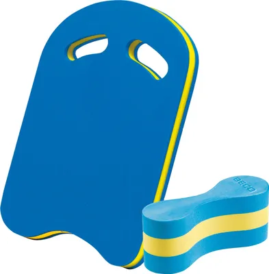 Produktbild von Beco Aquagym Schwimmbrett & Pull-Buoy Set, blau, EVA-Schaum. Maße: Schwimmbrett ca. 48 cm x 28 cm x 3 cm; Pull-Buoy ca. 24 cm x 14 cm x 8.5 cm. Mit 2 Griffmulden für optimale Griffposition, maximaler Auftrieb & perfekte Wasserlage zur Armtechnikoptimierung. Ideal für Schwimmausbildung, Schulsport & Training.