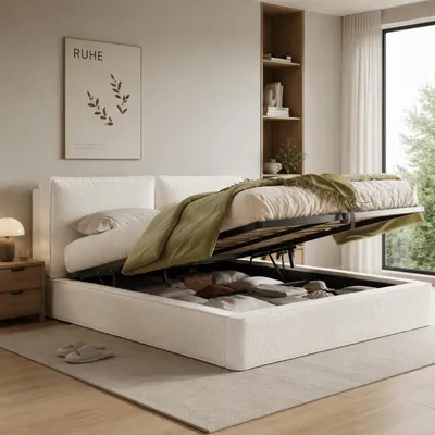 Produktbild von Polsterbett 180x200 cm mit Hydraulik-Stauraum, Lattenrost & 13 cm gepolstertem Kopfteil, Doppelbett, Beige, Bouclé, KI-generiertes Bild
