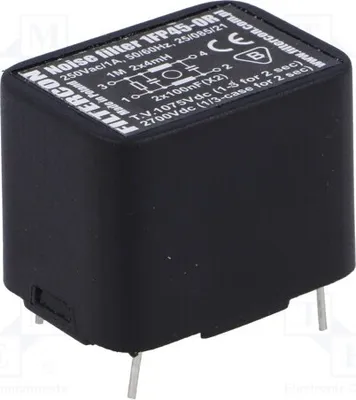 Immagine prodotto di 1 filtro: condensatore di filtraggio per rete elettrica, 250 VAC, 4 mH, 100 nF, montaggio a foro passante (THT), codice prodotto: P 1FP45-0R, filtro di interferenze