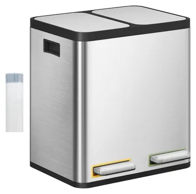Image de Poubelle à pédale pour cuisine, 30 litres, système de tri des déchets en acier inoxydable avec deux bacs et fermeture en douceur