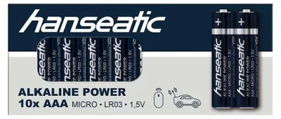 Packaging for Hanseatic AAA Micro LR03 1.5V alkaline batteries.