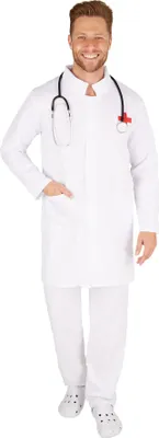 A man dressed as a doctor, wearing a white lab coat and pants, with a stethoscope around his neck.