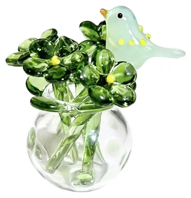 Produktbild von Niedliche Mini-Figur aus mundgeblasenem Glas mit Kunstkristallblume, Sammlerstück, kleine Blumenvase mit Biene/Vogel als Tischdekoration für Zuhause oder Büro.