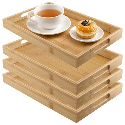 Immagine prodotto di 4 sottopiatti - Bambù - Rettangolari - 41 x 29 x 4 cm - Con maniglie - Resistenti - Bordi antiscivolo - Vassoio da portata