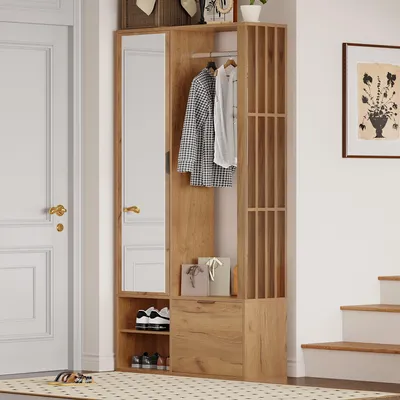 A hallway furniture set with a mirror, hanging space, and storage shelves.