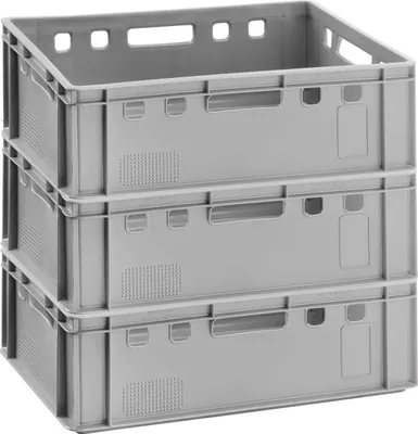 Produktbild von Fleischkisten E2 60x40x20cm Lagerkiste Eurobox aus Deutschland lebensmittelecht, robust, stapelbar , Variante:grau 3x