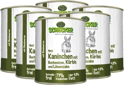 Produktbild von 6 x 820 g - Schecker Nassfutter - Hundemenü 71 % Kaninchen Buchweizen, Kürbis - getreidefrei