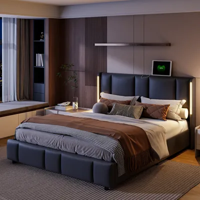 Immagine prodotto di Letto contenitore idraulico 140×200 cm, letto imbottito matrimoniale con LED e funzione di ricarica USB, struttura letto funzionale con vano contenitore e rete a doghe, PU, nero
