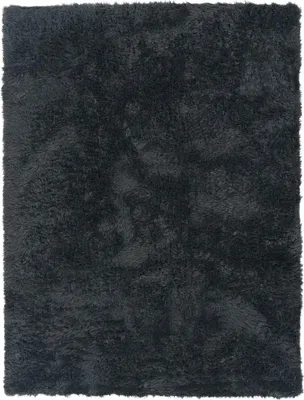 A dark gray shaggy rug is shown from a top-down perspective.