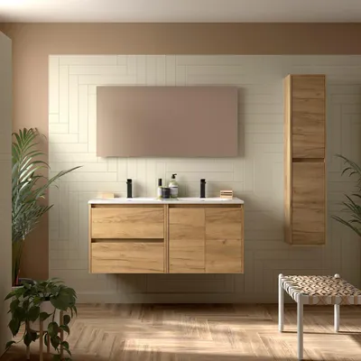 Image de Meubles de salle de bain BALTIC 1200 : 2 portes et 2 tiroirs, en bois de chêne africain, avec vasque