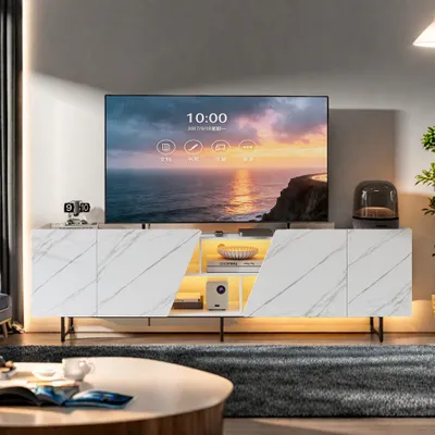Immagine prodotto di Mobile TV ProximaX da 220 cm con LED RGB, mobile TV effetto marmo, mobile TV con 4 ante e ripiani aperti, grande e moderno, bianco