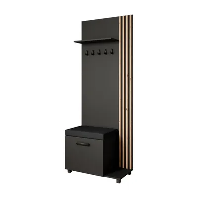 Produktbild von Garderobenschrank LIVIA Rechts Schwarz - Garderobe mit Kleiderhaken, Schuhschrank, Lamellen in Eiche, schwarzem Sitzkissen, Hochschrank, Flurmöbel