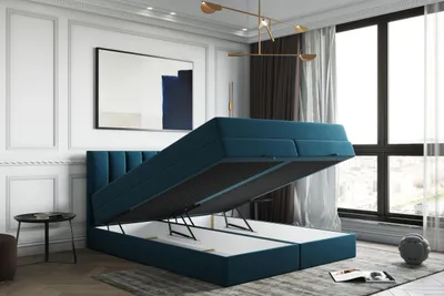 Image de TRADA Gusto Lit Boxspring Lit adulte 160x200 avec rangement, matelas ressorts ensachés et surmatelas à mémoire de forme Visco Memory en velours bleu