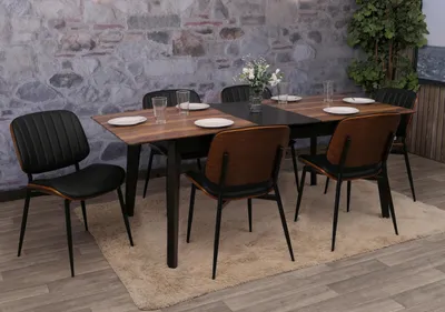 Image de lot de 6 chaises de salle à manger HWC-O44, chaise de cuisine, bois courbé similicuir Oeko-Tex ~ aspect noyer, noir