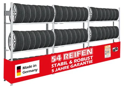 Produktbild von Reifenregal TIRE PRO  Germany | Komplettregal | HxBxT 200x450x43cm | 150kg Fachlast | bis zu 54 Reifen auf 3 Ebenen | Verzinkt